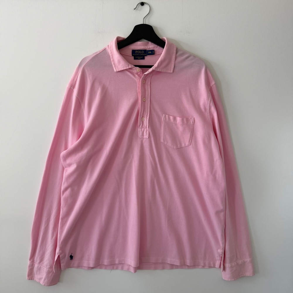 Polo Ralph Lauren Mens XXL Pink Featherweight Mesh Long Sleeve Polo Shirt Pocket